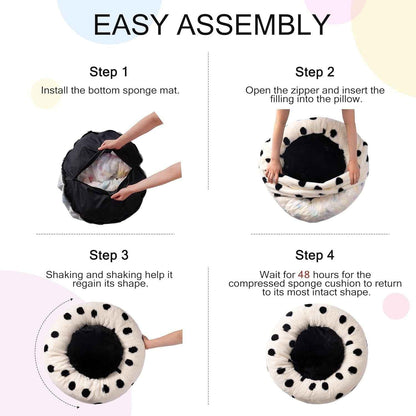MEWOOFUN Donut Cat Bed For Indoor Cats - 23 Inch Round Washable Pet Bed With Non-Slip Bottom, Plush Fluffy Small Dog Bed For Puppies & Kittens, Black Dot